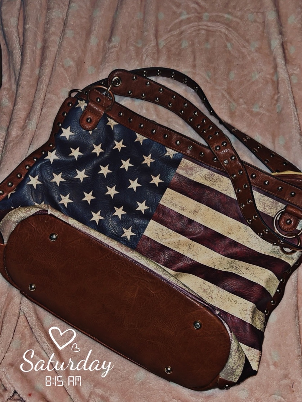 American Flag Studded Leather Hobo/Tote - Brown, Navy, Cream